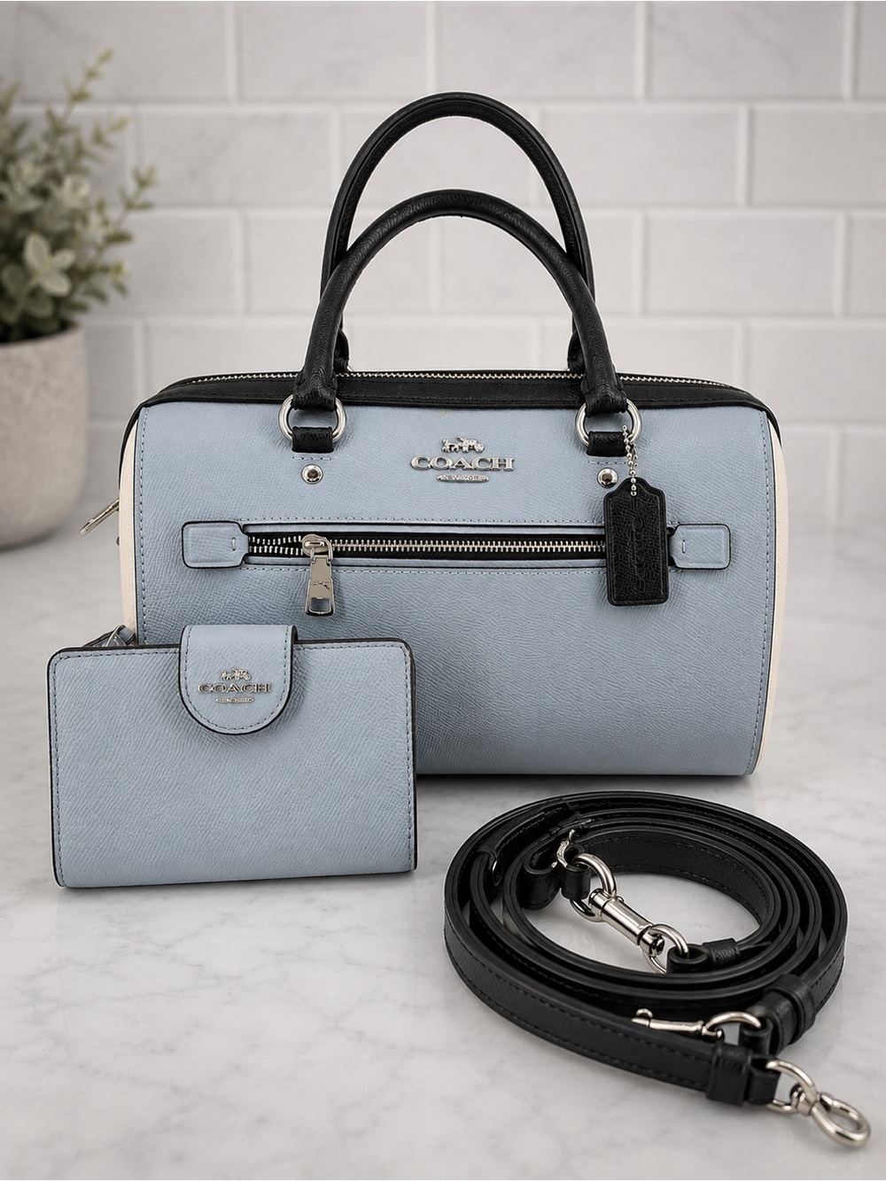 Coach Rowan Satchel & Matching Wallet Set Tri-Color Powder Blue / Chalk / Navy